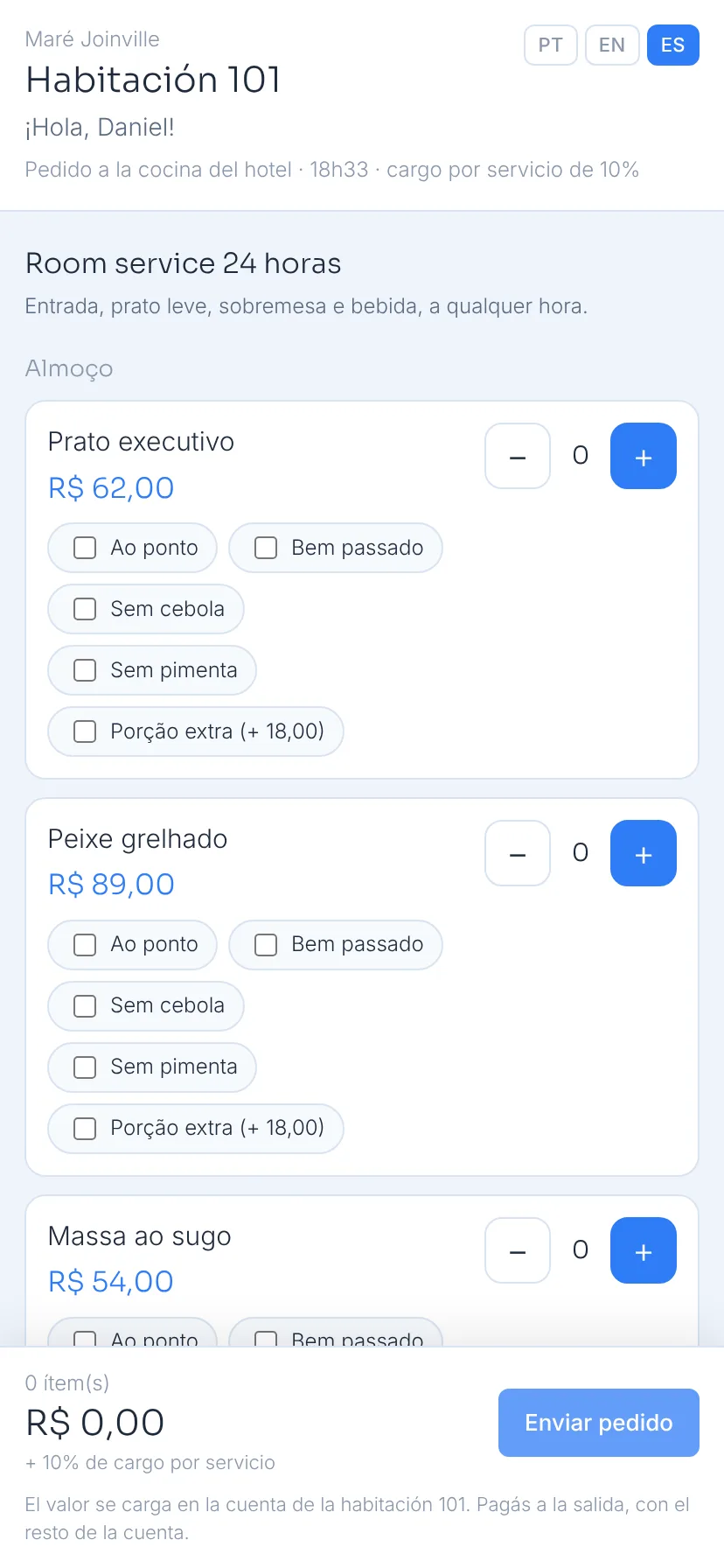 Menú del room service en el celular del huésped, abierto por el QR de la habitación